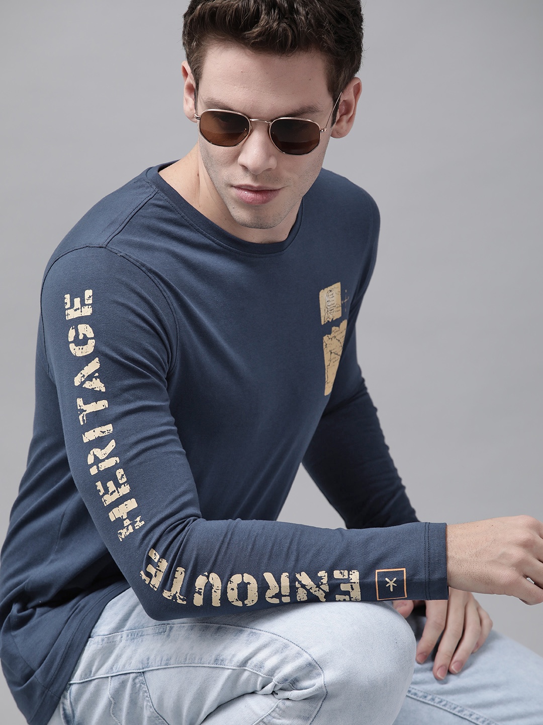 

Roadster Men Navy Blue Printed Pure Cotton T-shirt