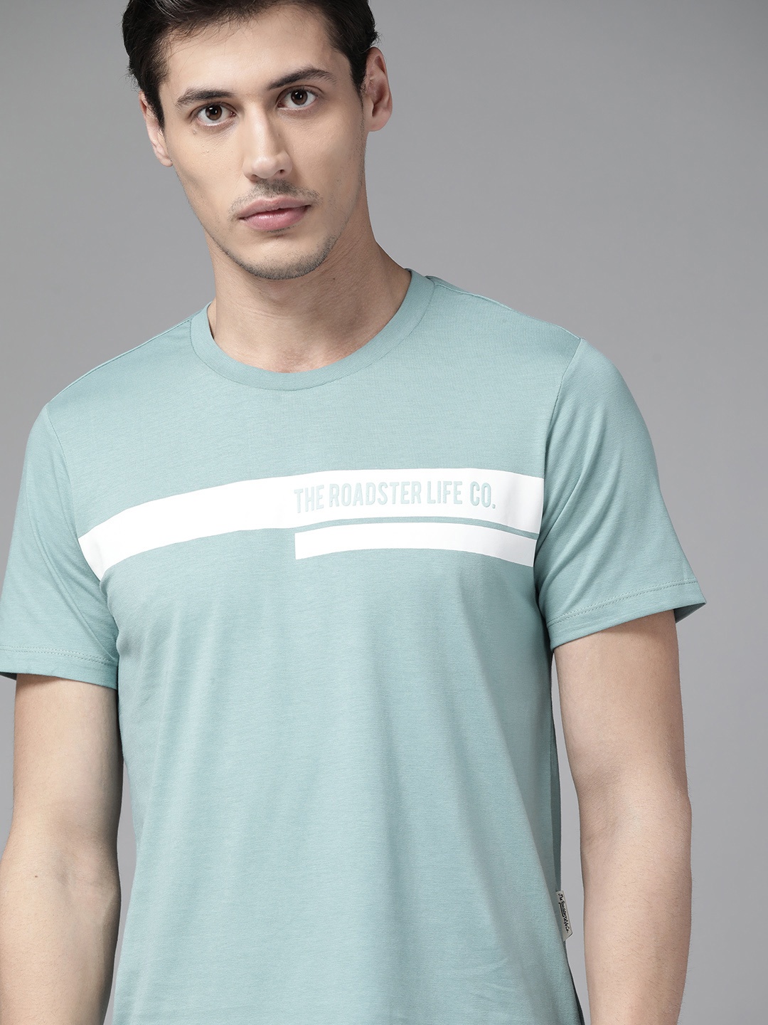 

The Roadster Lifestyle Co Men Teal Blue Brand Logo Striped Pure Cotton T-shirt