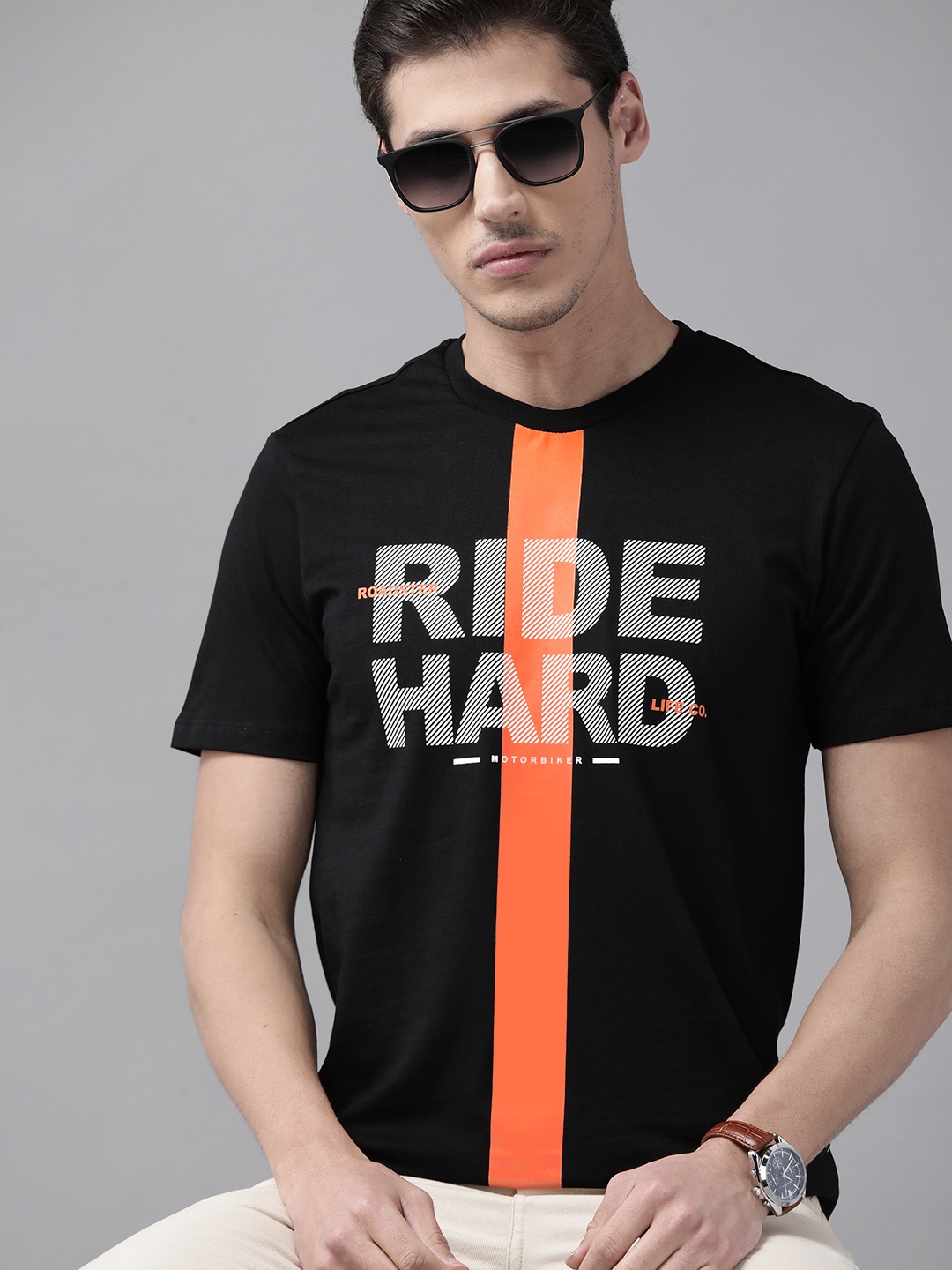 

The Roadster Lifestyle Co Men Black & Orange Striped Cotton T-shirt