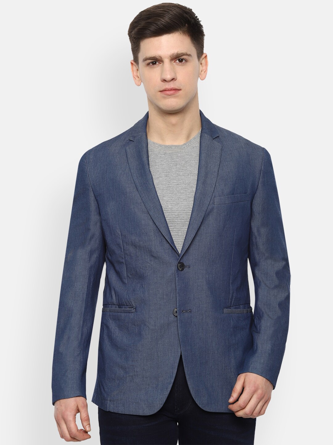 

Van Heusen Men Navy Blue Self Design Pure Cotton Slim Fit Single Breasted Casual Blazer