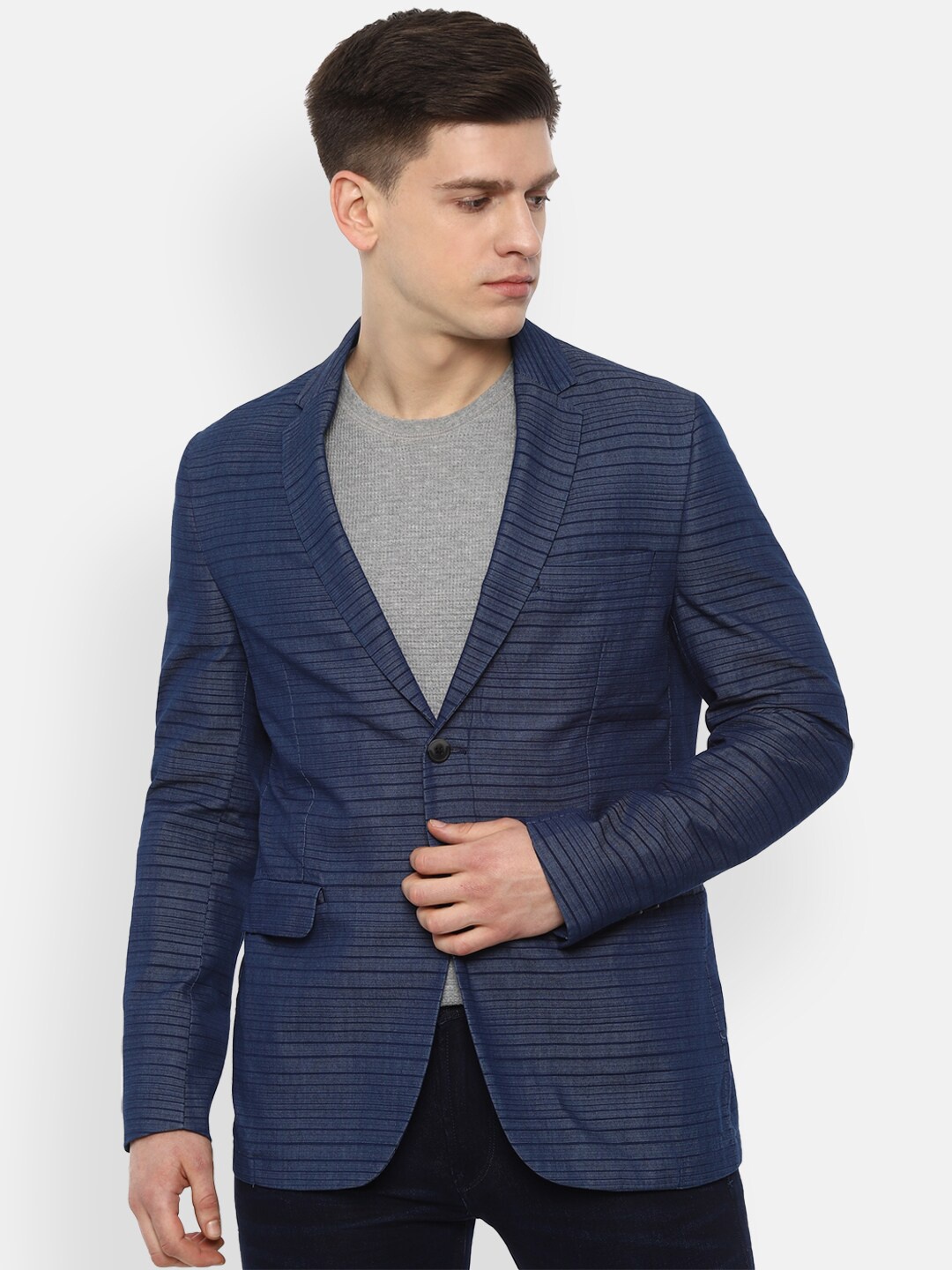 

Van Heusen Men Navy Blue Striped Slim-Fit Single-Breasted Blazer