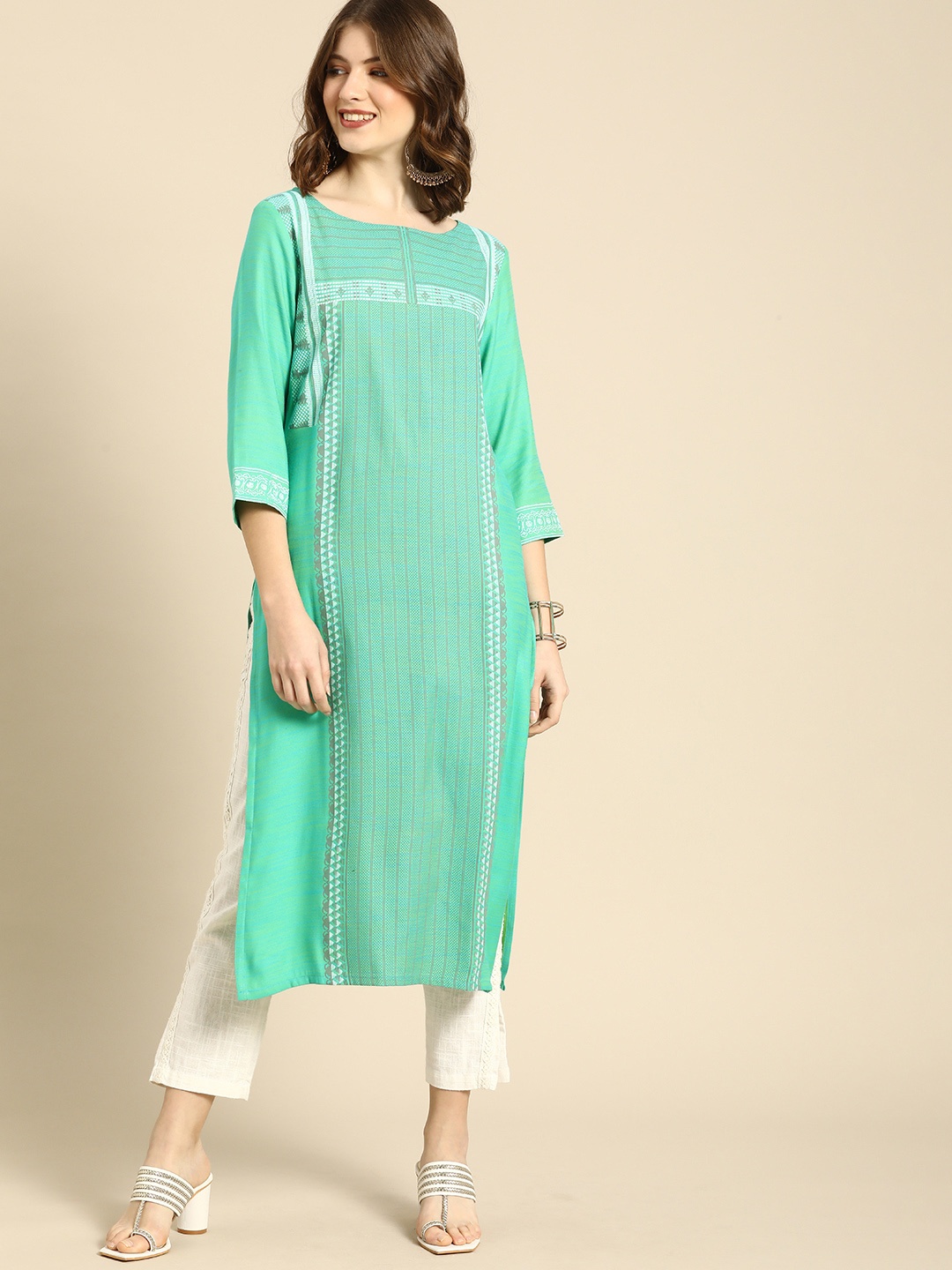 

Anouk Women Sea Green Ethnic Motifs Printed Boat Neck Pastels Straight Kurta