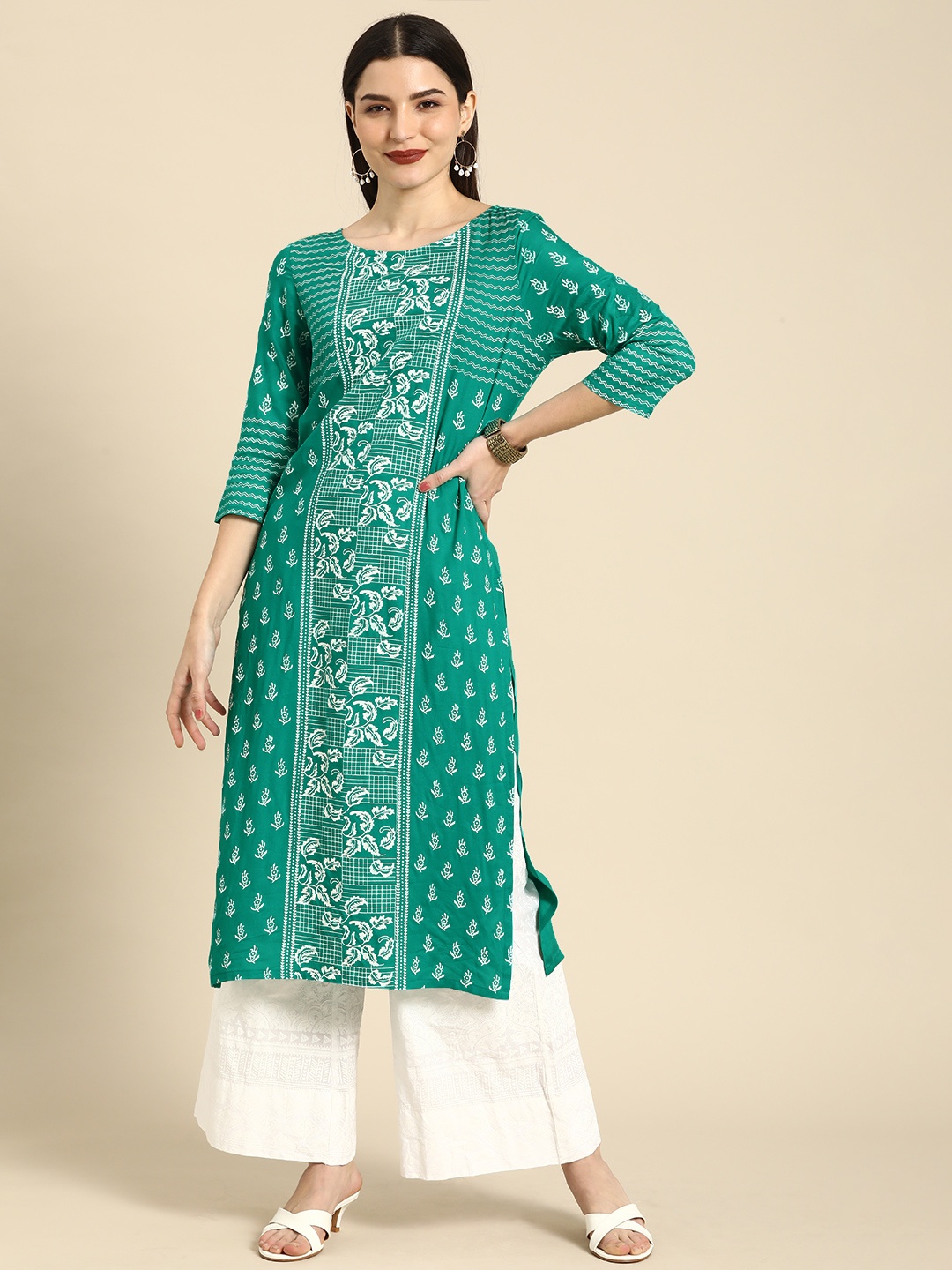 

Anouk Women Sea Green & White Ethnic Motifs Printed Boat Neck Pastels Viscose Rayon Kurta