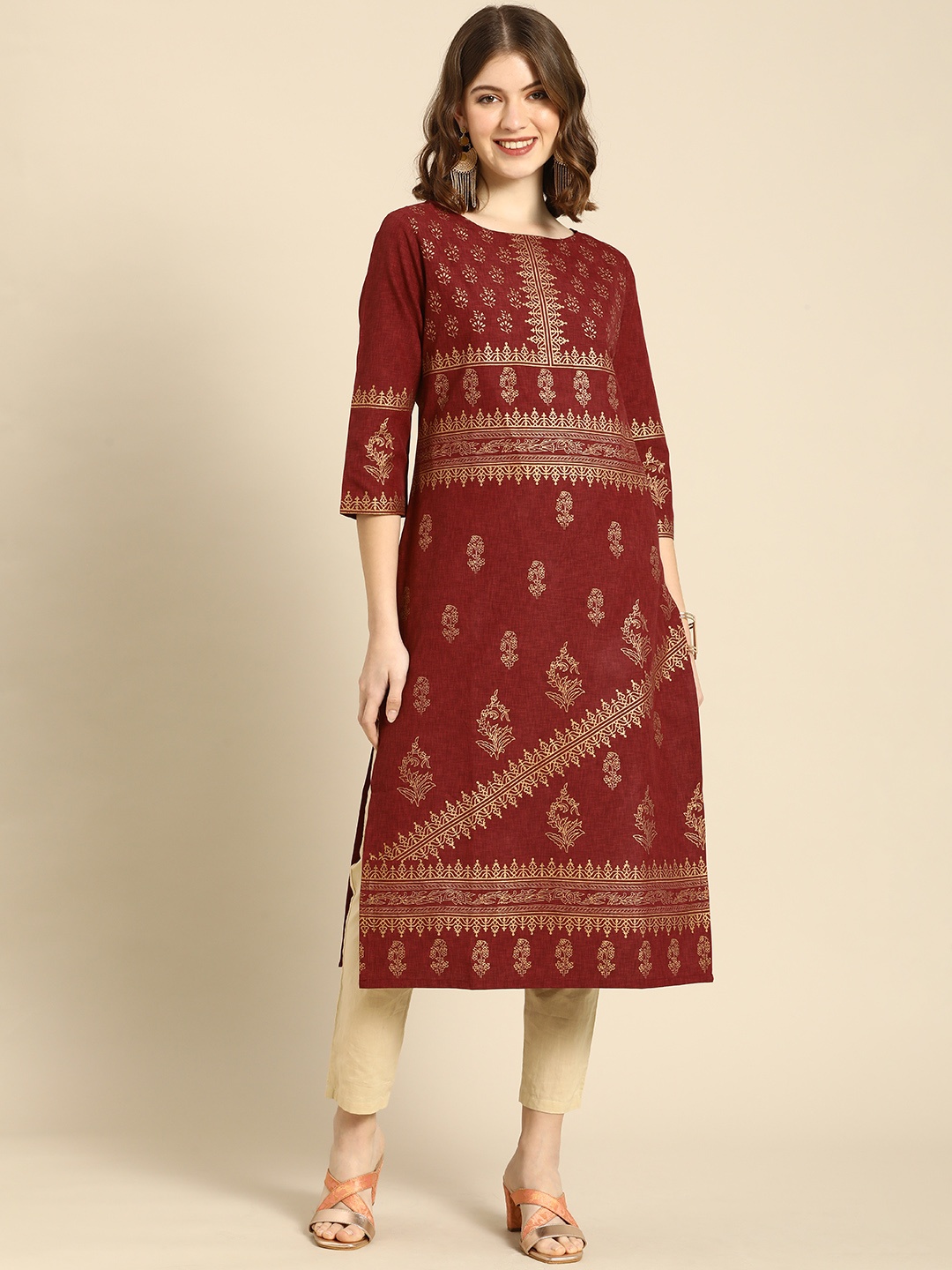 

Anouk Women Maroon & Gold-Toned Ethnic Motifs Printed Boat Neck Block Print Straight Kurta