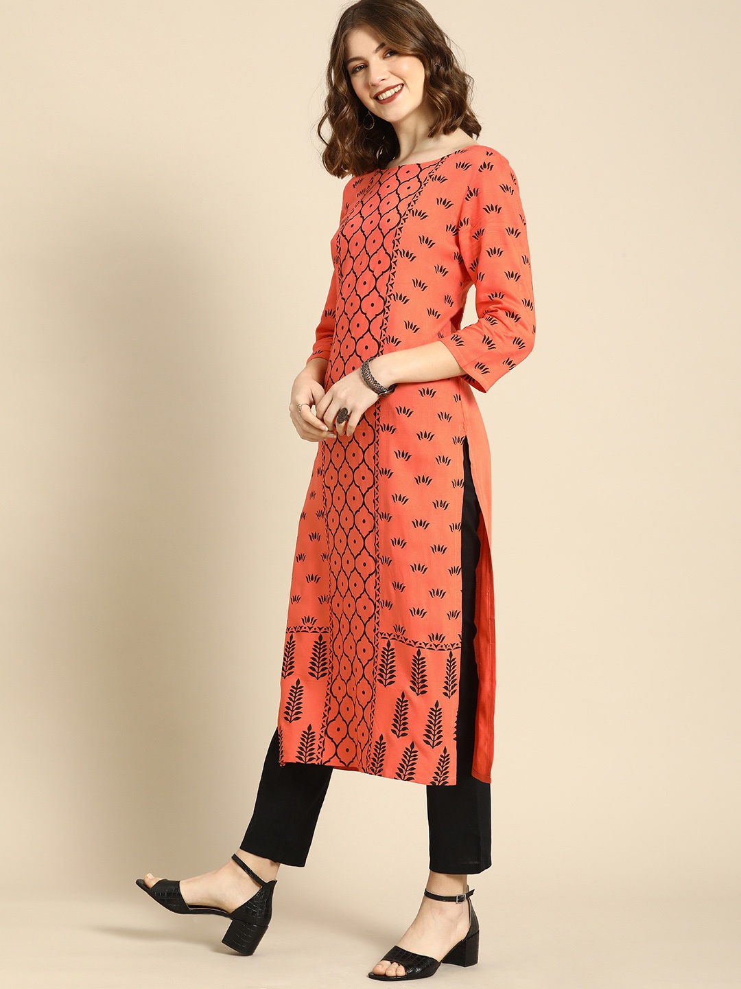 

Anouk Women Coral & Black Ethnic Motifs Printed Boat Neck Pastels Viscose Rayon Kurta