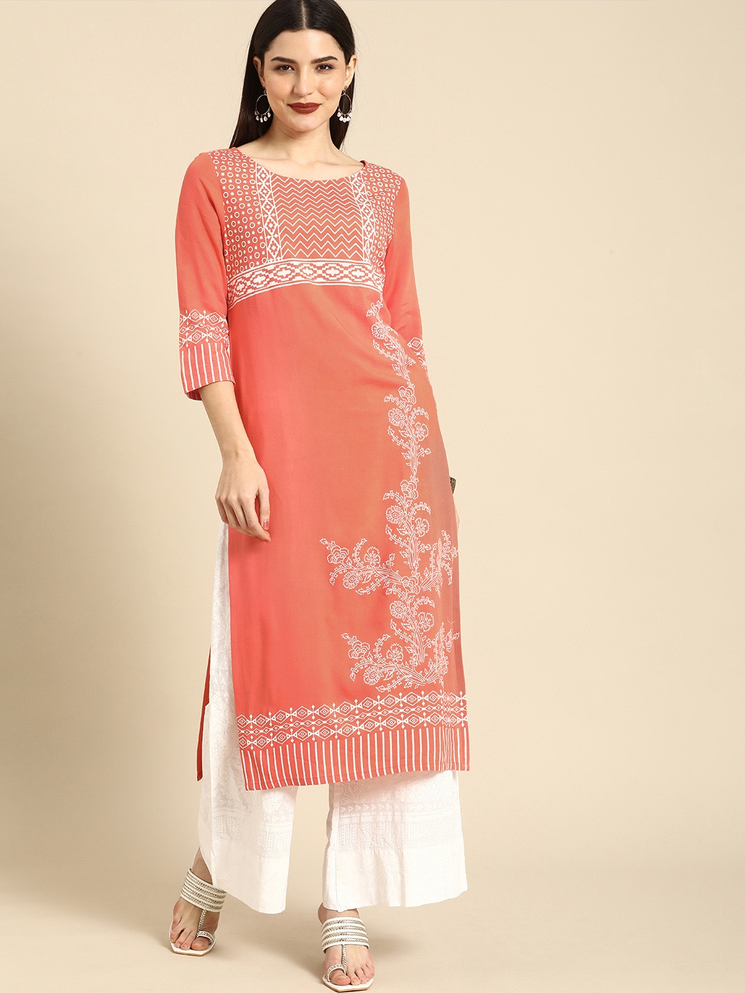 

Anouk Women Peach-Coloured & White Ethnic Motifs Printed Boat Neck Pastels Straight Kurta