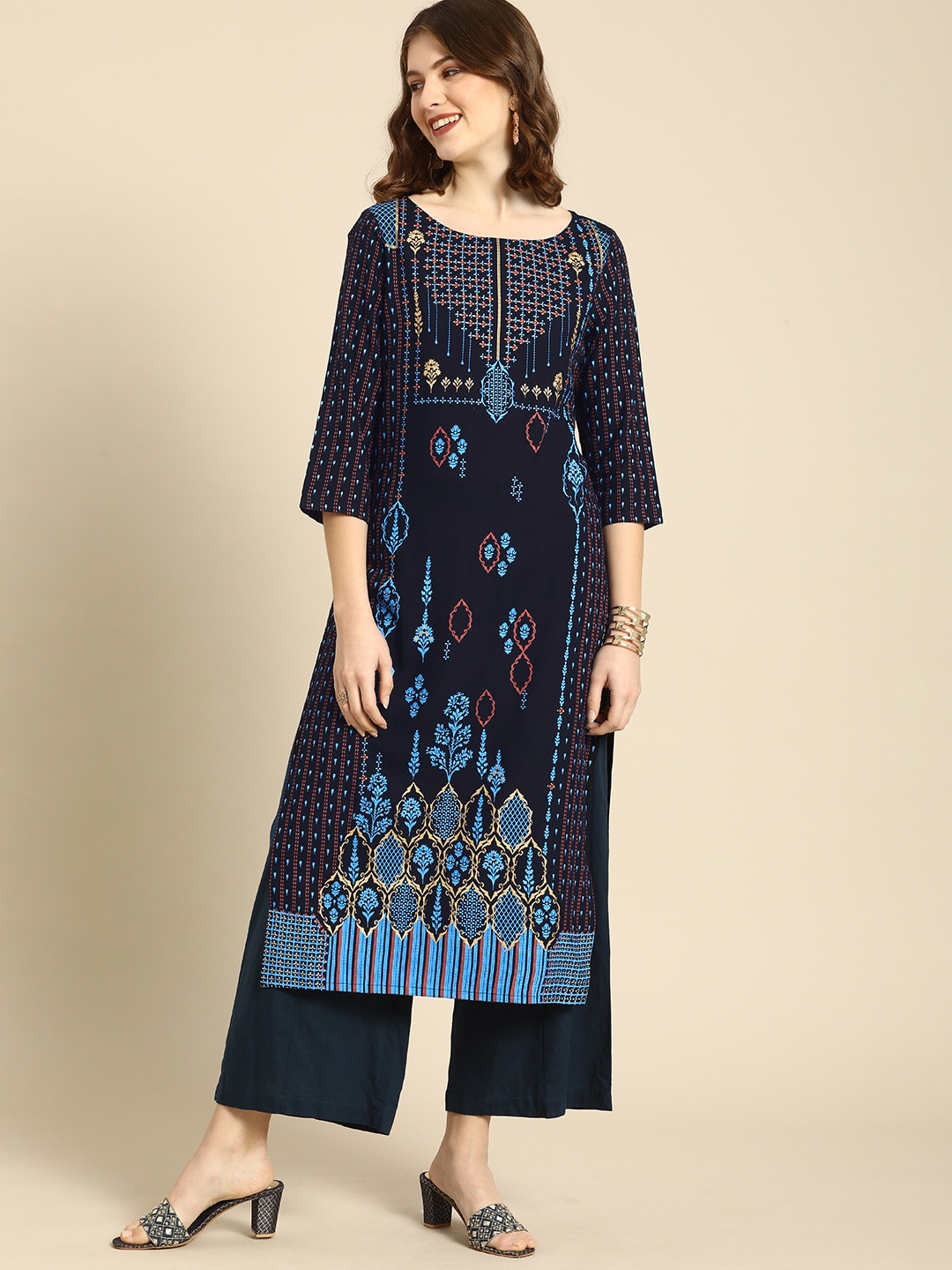 

Anouk Women Navy Blue & Blue Ethnic Motifs Printed Boat Neck Viscose Rayon Kurta