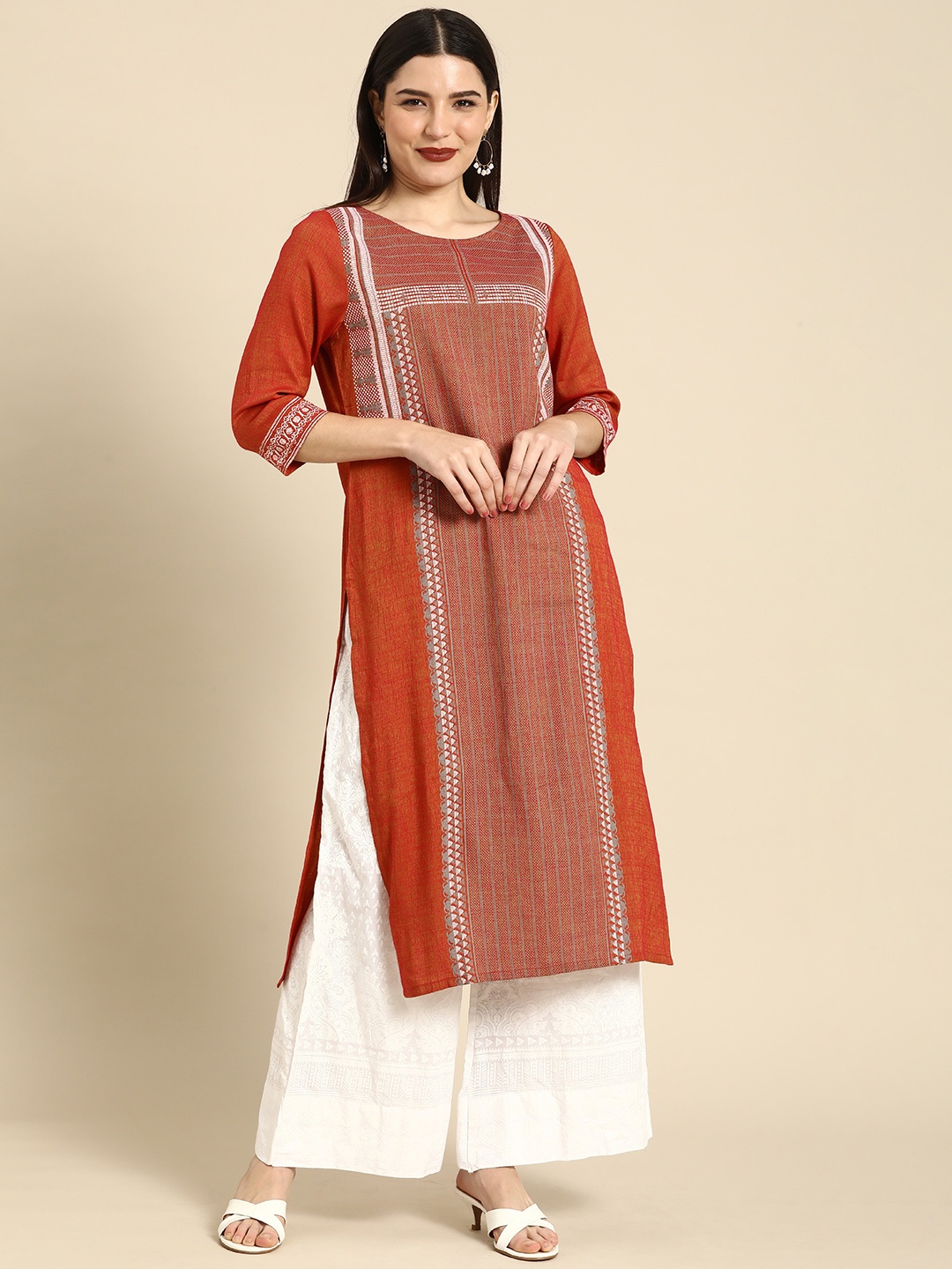 

Anouk Women Rust & Grey Ethnic Motifs Printed Boat Neck Viscose Rayon Straight Kurta
