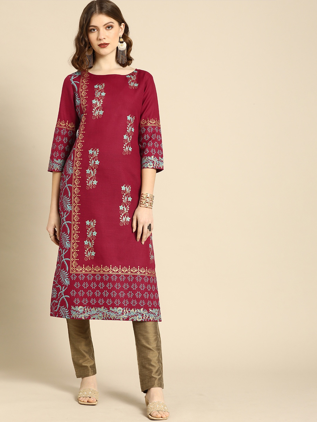 

Anouk Women Maroon Ethnic Motifs Printed Boat Neck Cotton Linen Straight Kurta