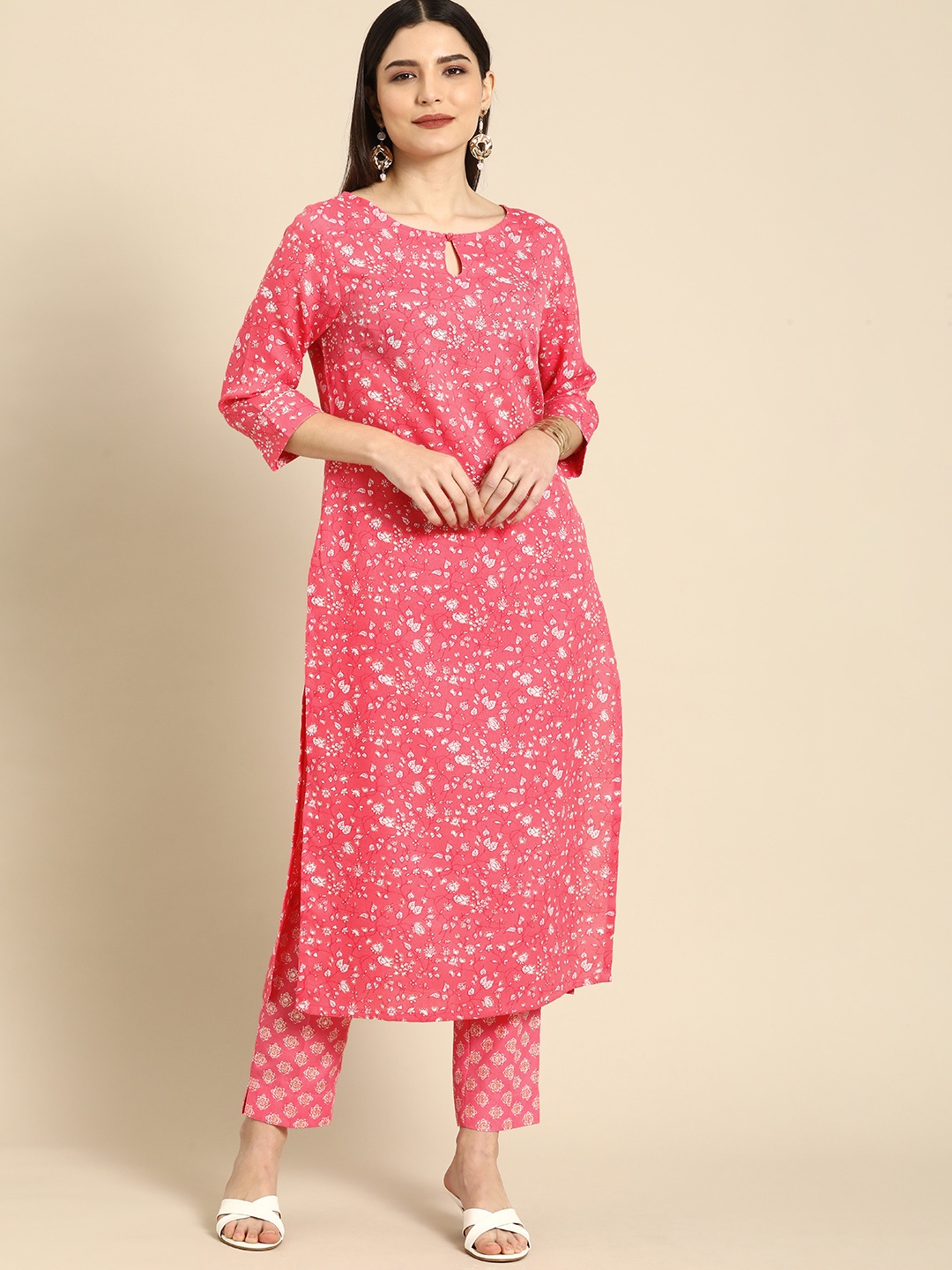 

Anouk Women Pink & White Floral Printed Regular Gotta Patti Kurta with Trousers