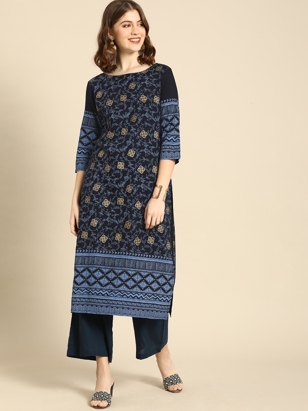 

Anouk Women Navy Blue Ethnic Motifs Printed Boat Neck Indigo Viscose Rayon Straight Kurta