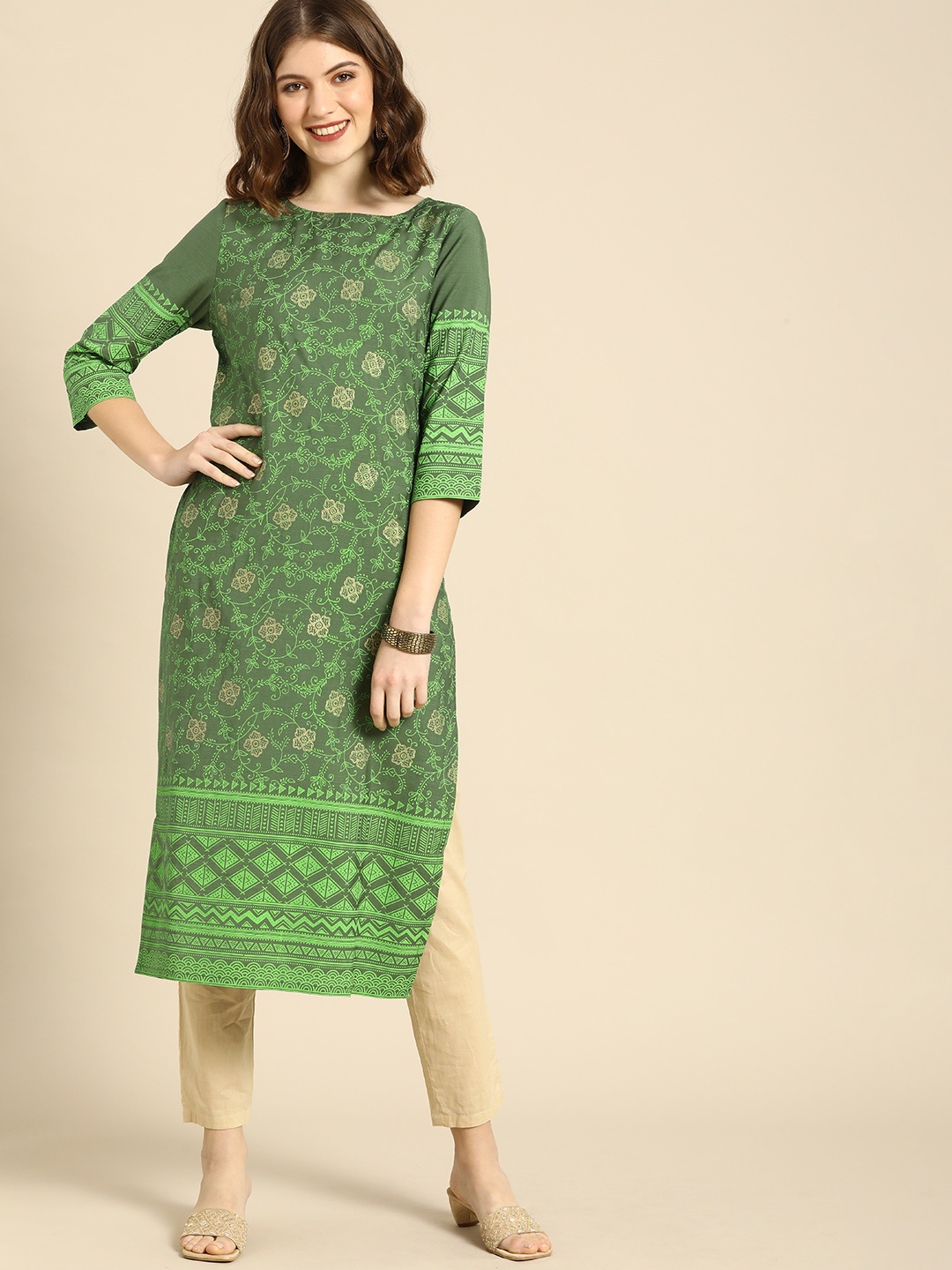 

Anouk Women Green & Gold-Toned Ethnic Motifs Printed Boat Neck Straight Kurta