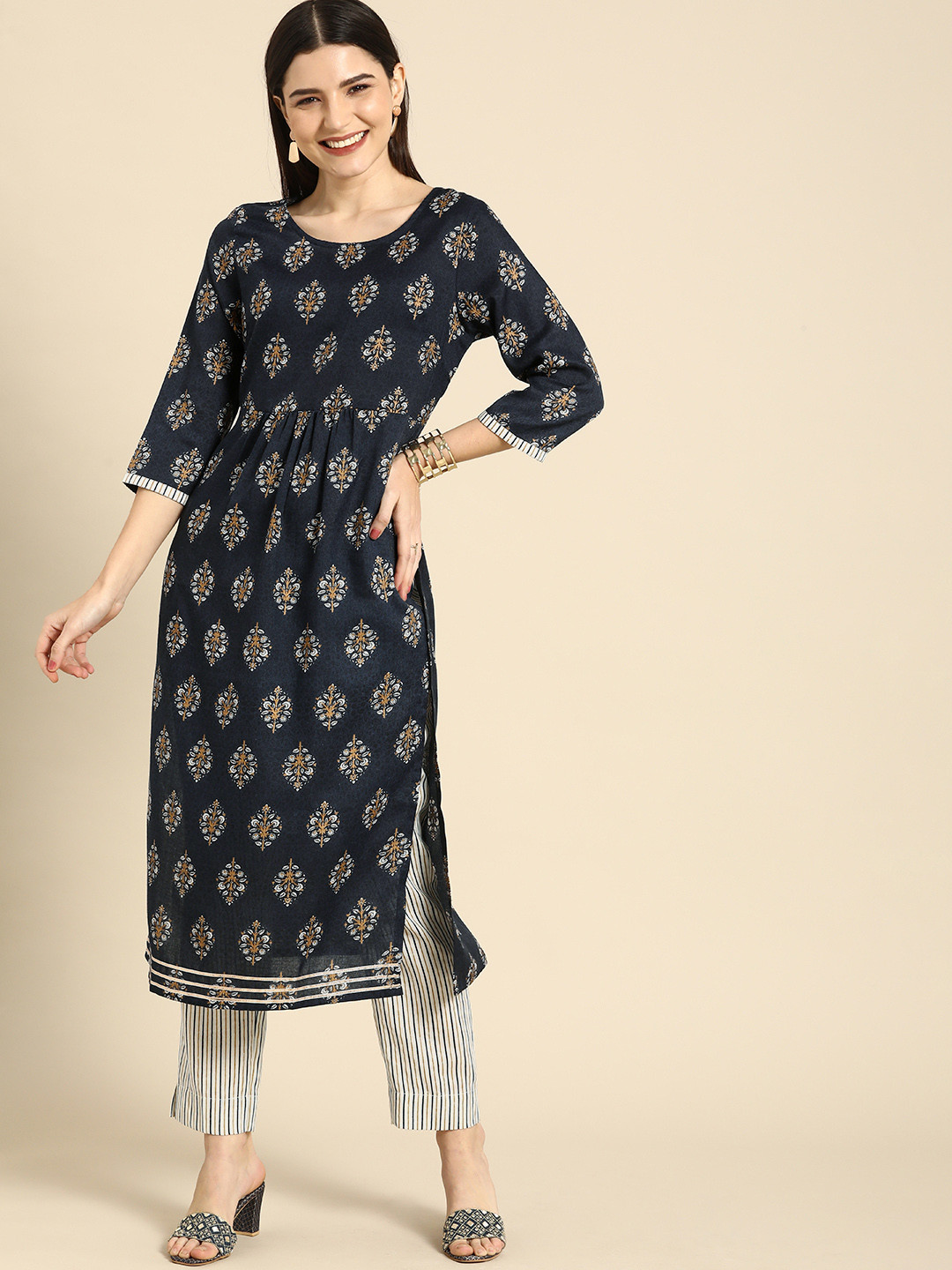 

Anouk Women Navy Blue Ethnic Motifs Printed Pleated Gotta Patti Kurta with Trousers
