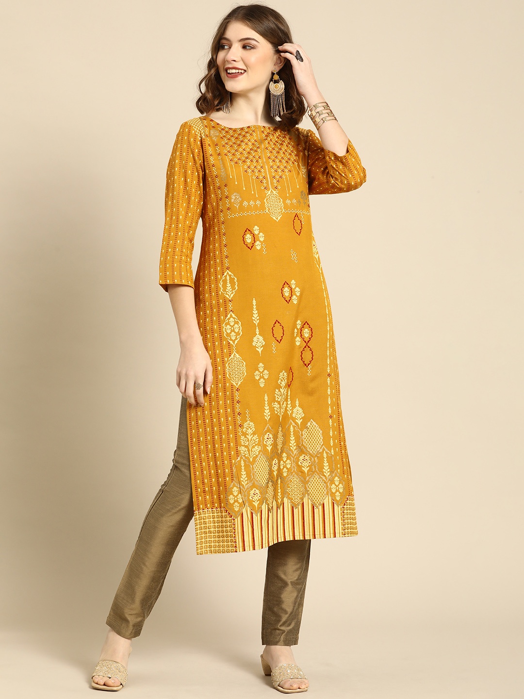 

Anouk Women Mustard Yellow Ethnic Motifs Printed Boat Neck Regular Sleeves Straight Kurta
