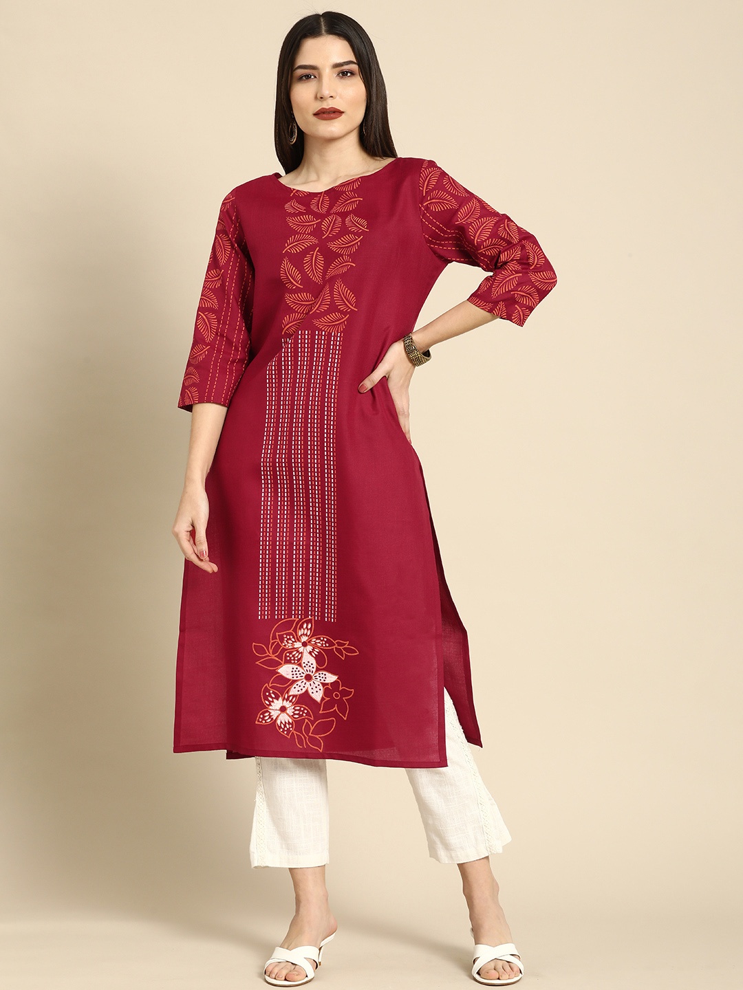 

Anouk Women Maroon Ethnic Motifs Printed Boat Neck Block Print Straight Kurta
