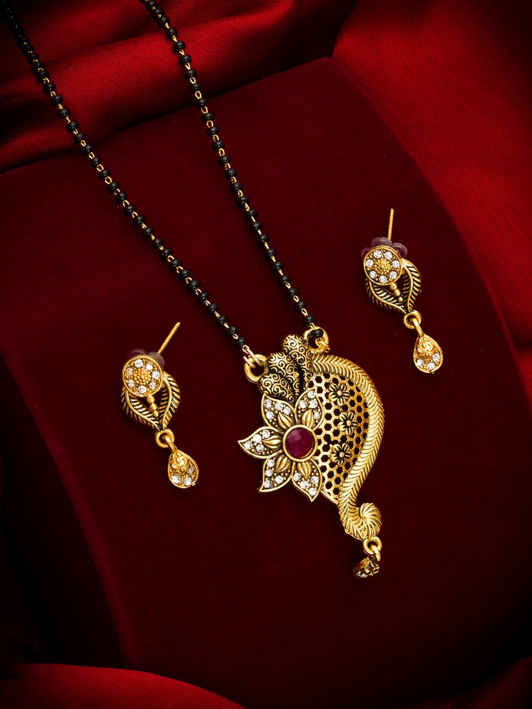 

aadita Gold-Plated & Black American Diamond Mangalsutra with Earrings