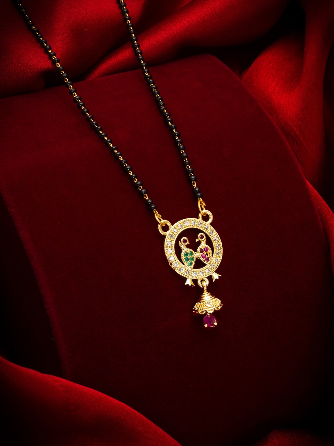 aadita Gold-Plated Black & White AD-Studded & Beaded Mangalsutra
