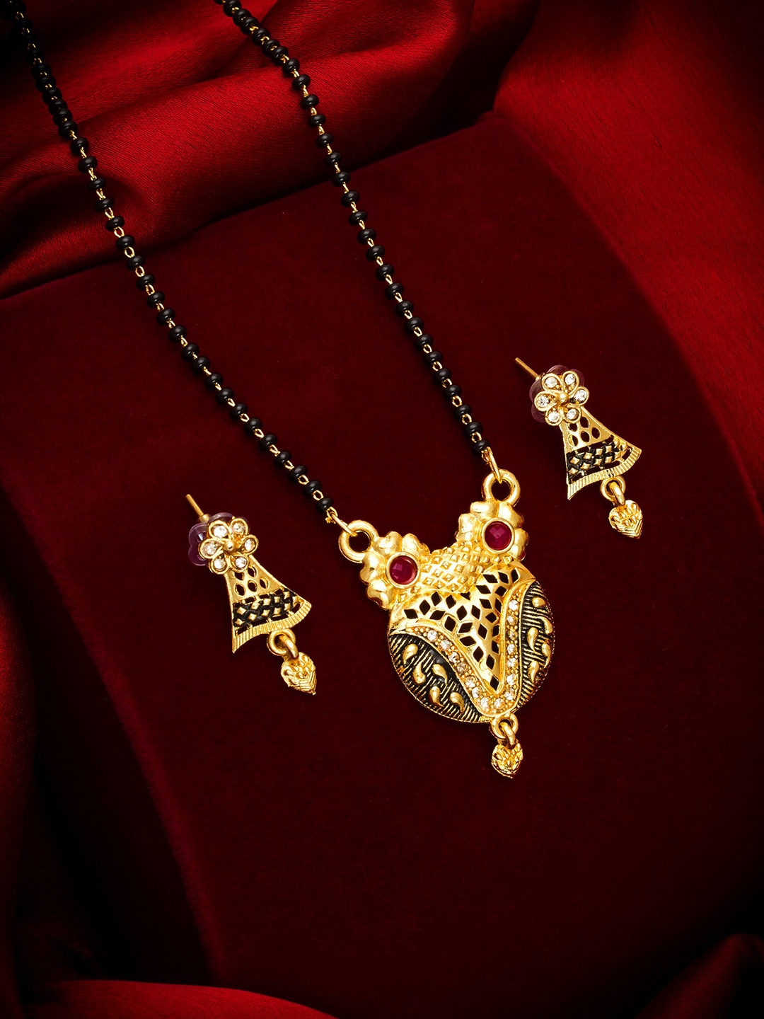 

aadita Gold-Toned White & Red AD-Studded & Black Beaded Mangalsutra With Earrings