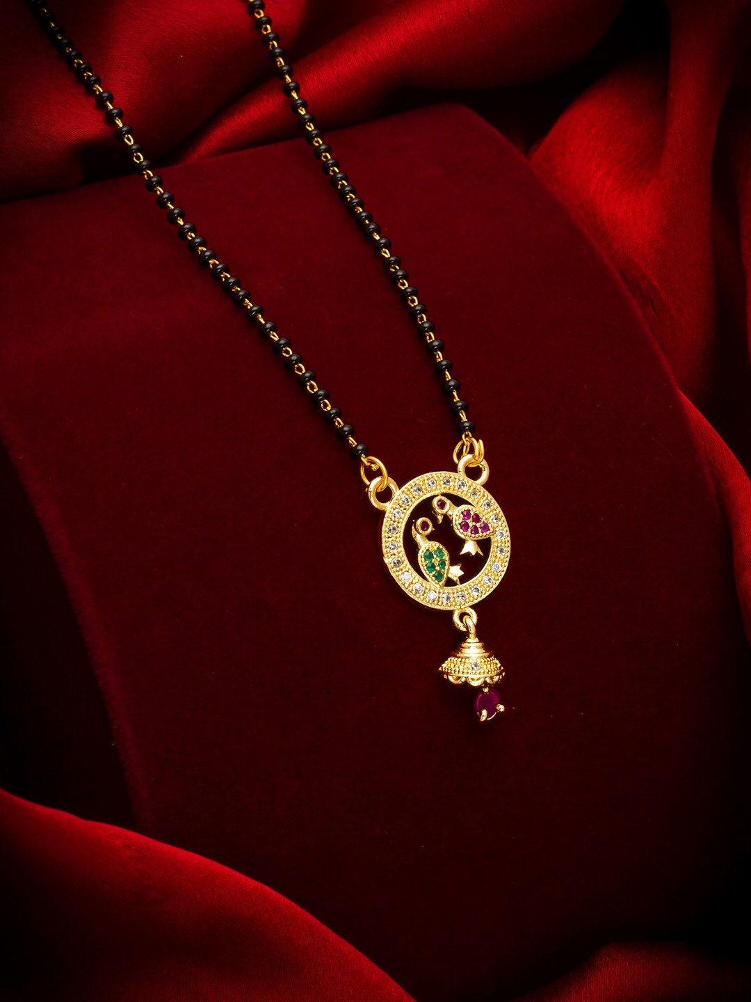 aadita Gold-Plated Black & White AD-Studded & Beaded Mangalsutra