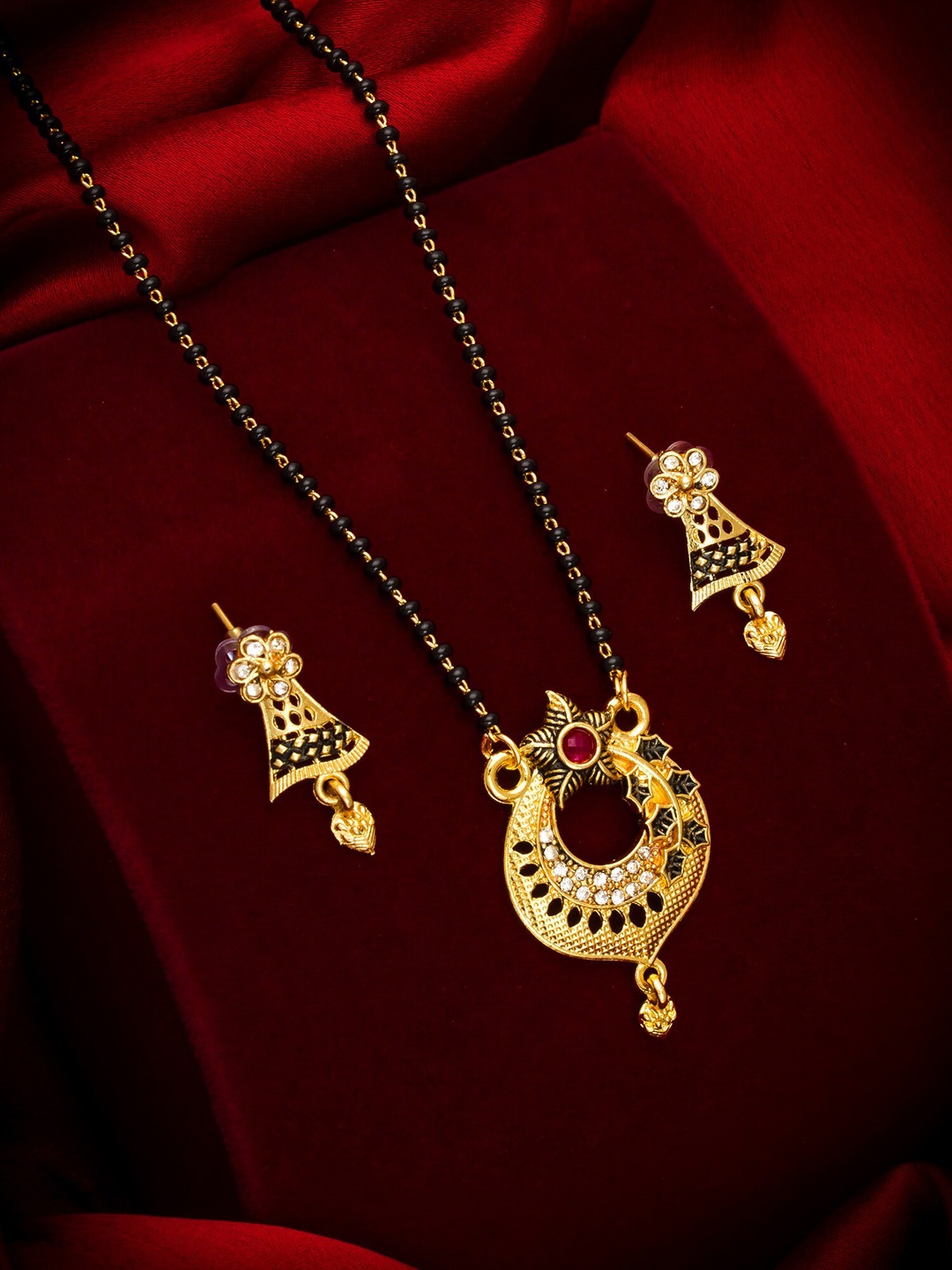 

aadita Gold-Toned & Black AD Studded Mangalsutra with Earrings