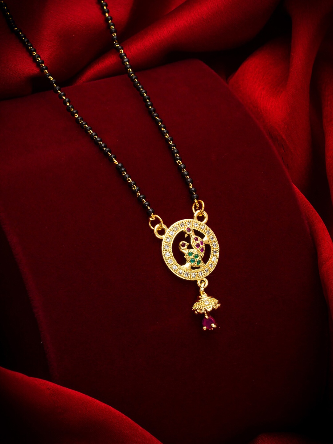 aadita Gold-Plated White & Black AD-Studded & Beaded Mangalsutra