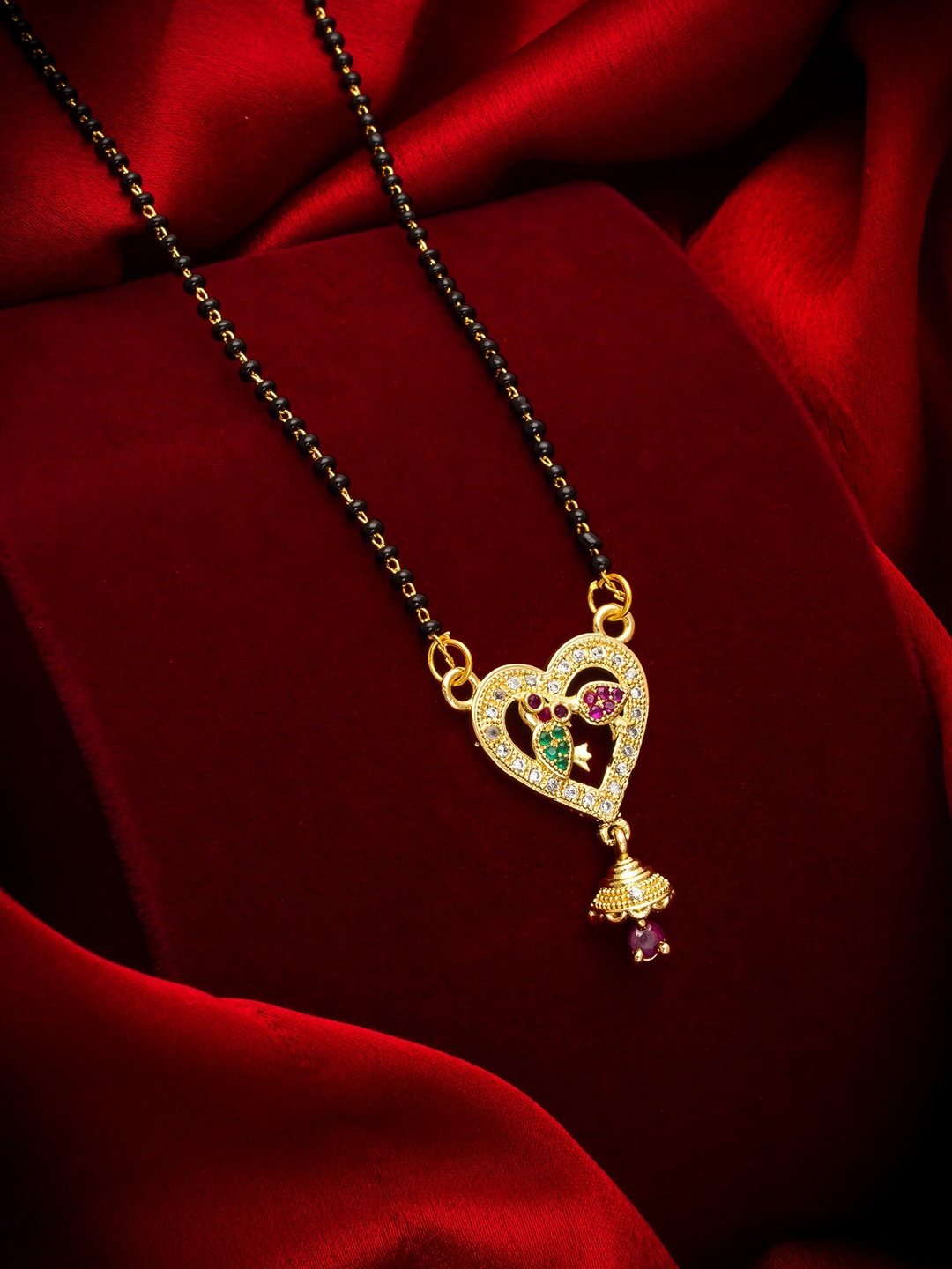 

aadita Gold-Plated Black & White AD-Studded & Beaded Mangalsutra