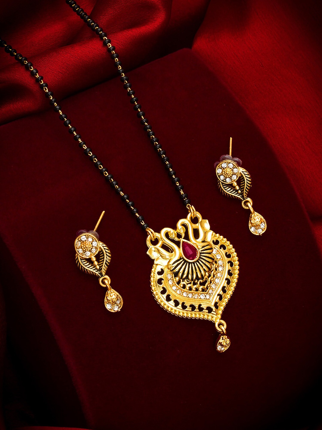 

aadita Gold-Plated & Black American Diamond Mangalsutra with Earrings