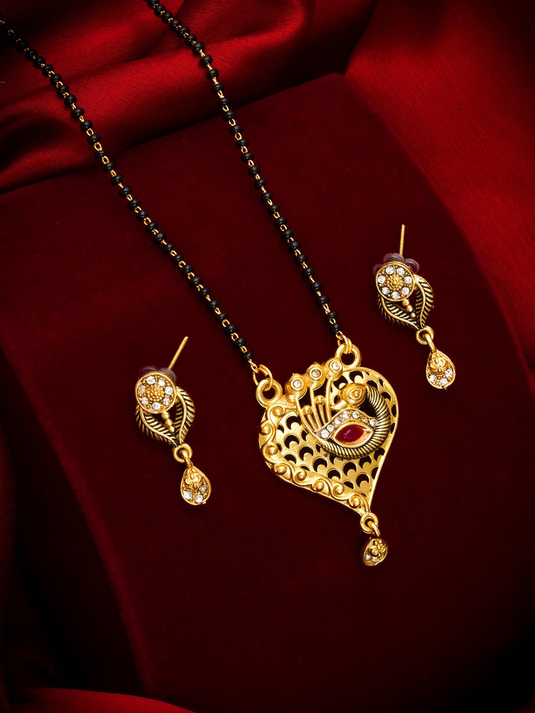 

aadita Gold-Plated & Black American Diamond Mangalsutra with Earrings