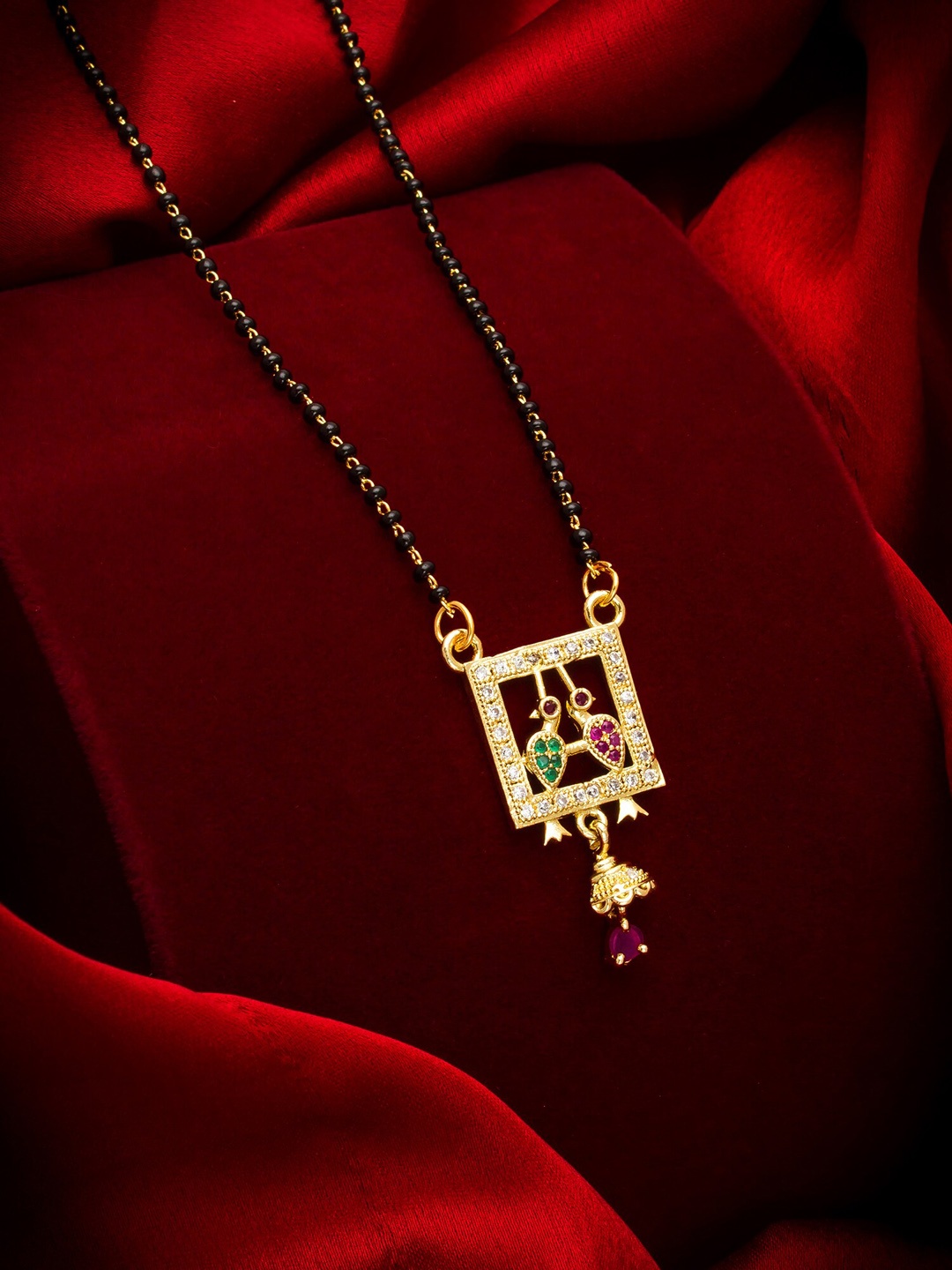 

aadita Gold-Plated Black & White AD-Studded & Beaded Mangalsutra