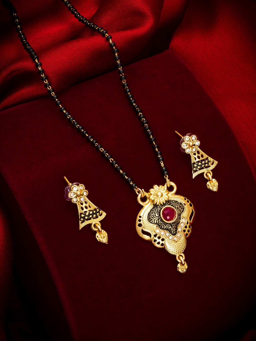 

aadita Gold Toned AD and Pearl Mangalsutra with Earrings