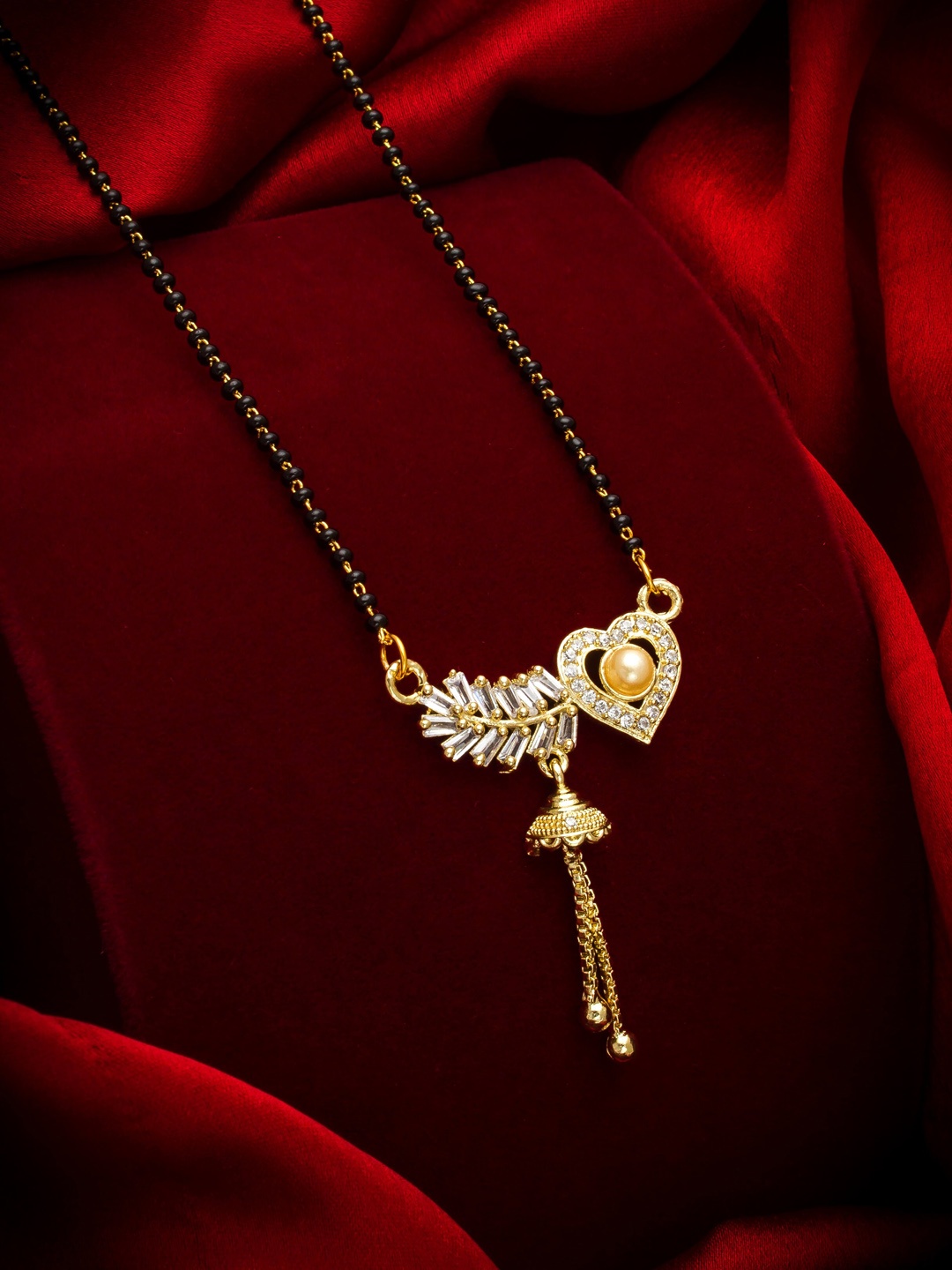 

aadita Gold-Plated White & Black AD-Studded & Beaded Mangalsutra