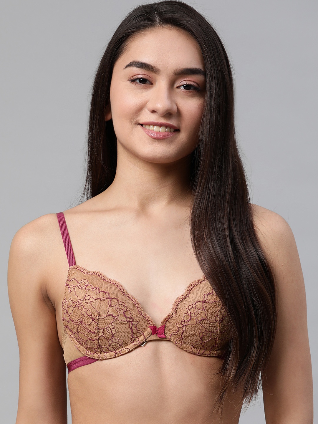 

Marks & Spencer Beige & Magenta Floral Plunge Bra - Underwired Lightly Padded
