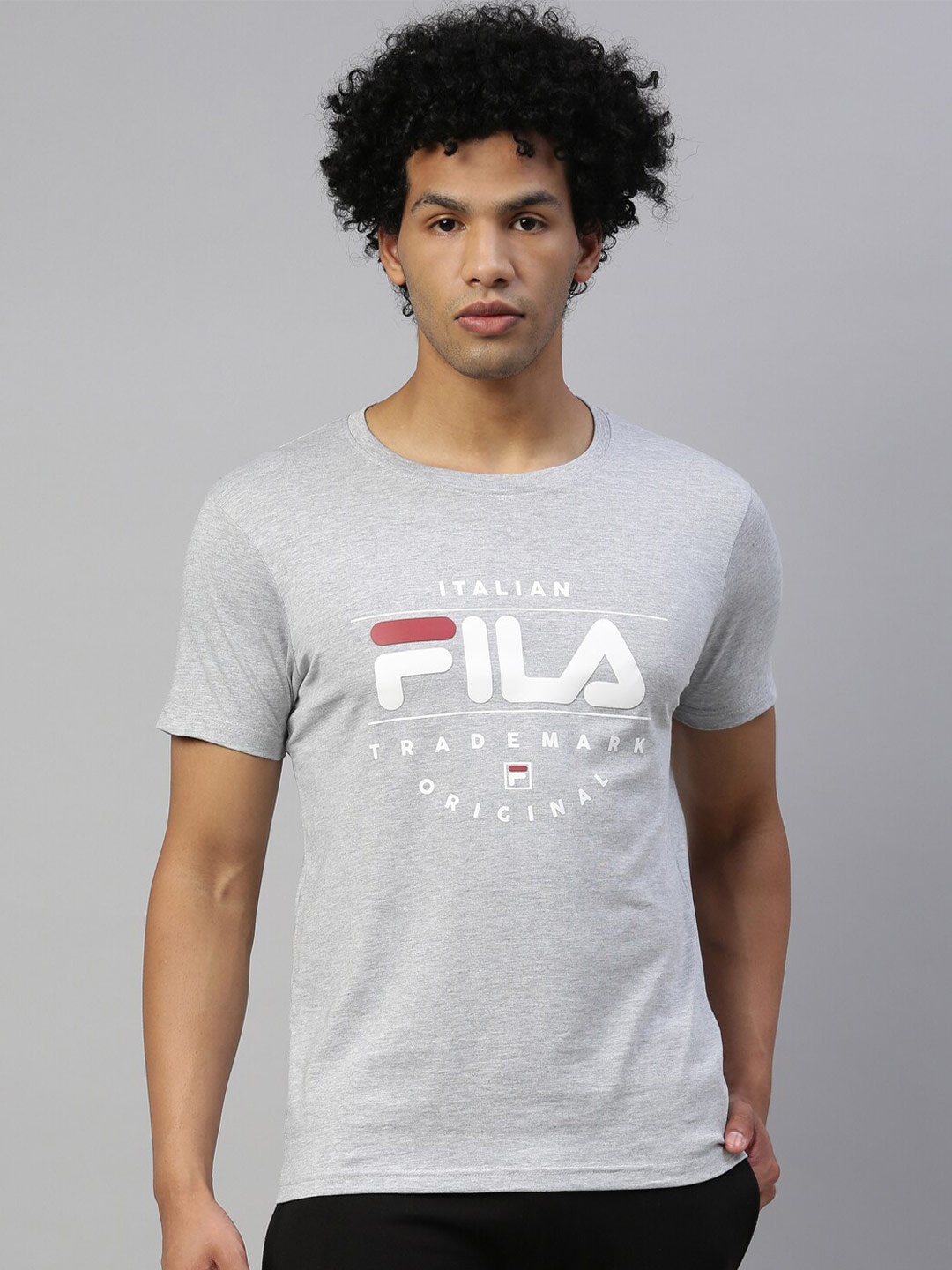 

FILA Men Grey Brand Logo Printed Pure Cotton T-shirt