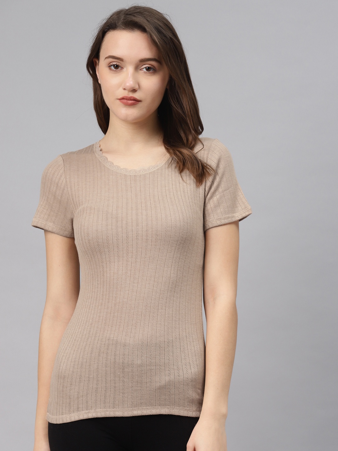 

Marks & Spencer Women Beige Self-Striped Fitted Top