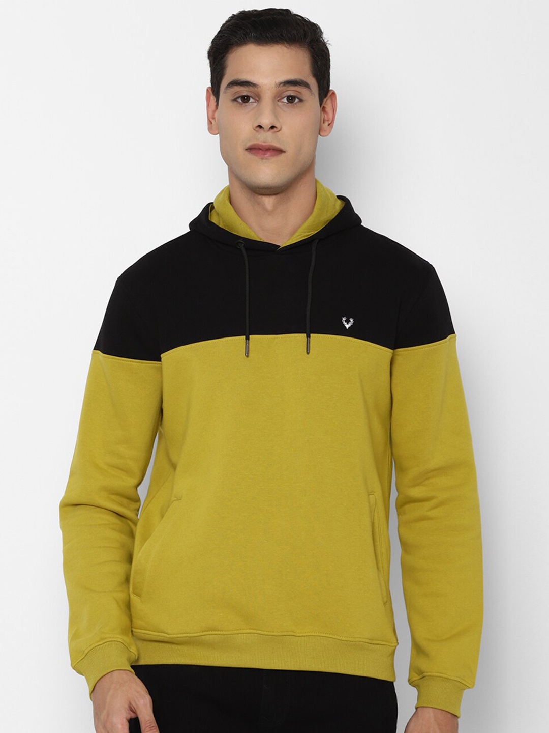 

Allen Solly Men Yellow & Black Colourblocked Pure Cotton Hooded Sweatshirt