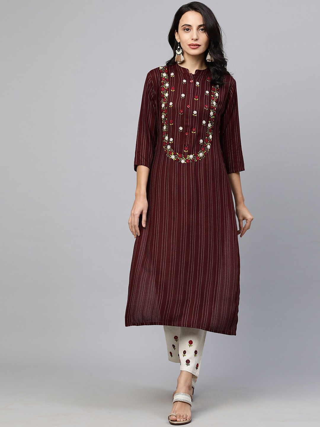 

FASHOR Women Brown Embroidered Pleated Thread Work Kurta with Trousers