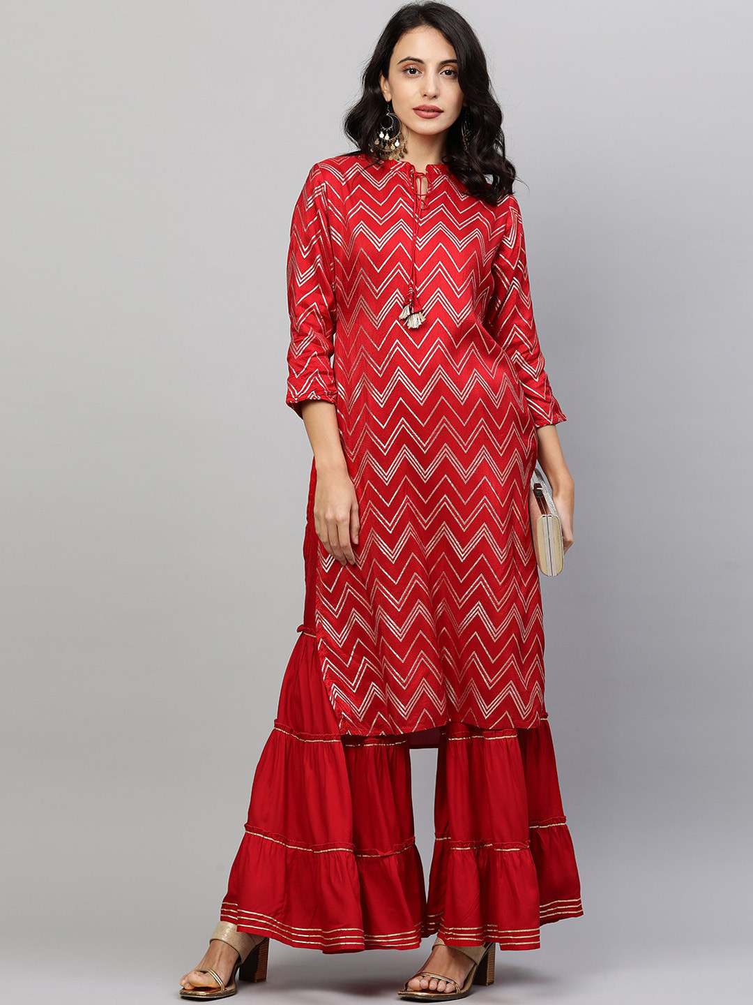 

FASHOR Women Red & Silver-Toned Printed Regular Pure Silk Kurta with Sharara