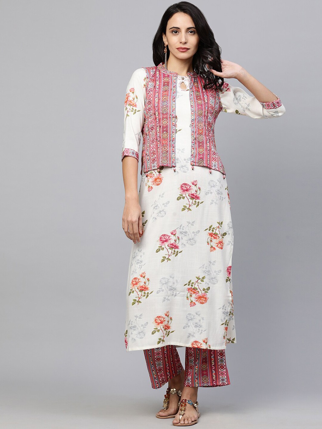 

FASHOR Women Pink Printed Regular Kurta with Palazzos & Jacket