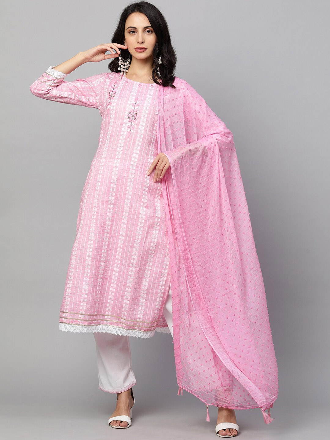 

FASHOR Women Pink Embroidered Regular Thread Work Kurta with Trousers & Dupatta