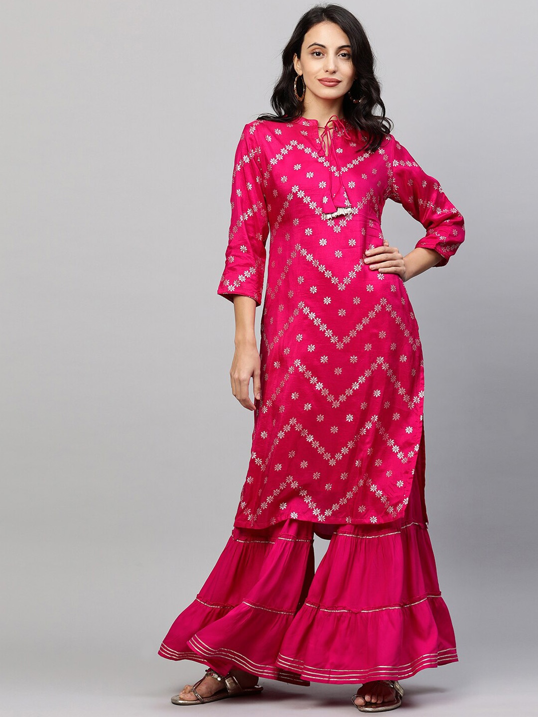 

FASHOR Women Pink Ethnic Motifs High Slit Pure Silk Kurta with Sharara