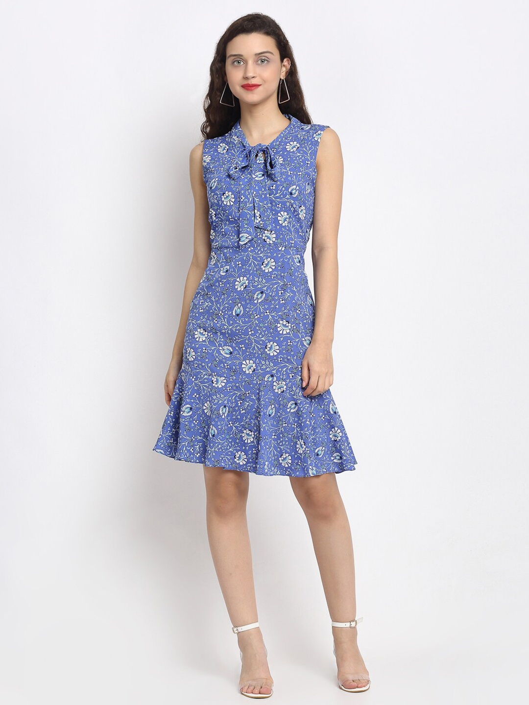 

Aujjessa Blue Floral Tie-Up Neck Crepe A-Line Dress