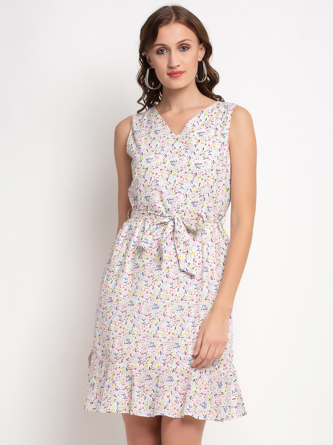 

Aujjessa White & Multicoloured Floral Printed Pure Cotton Dress