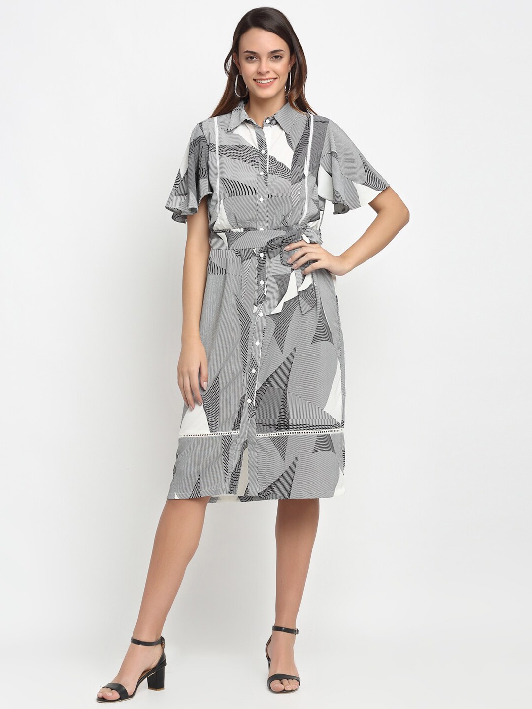 

Aujjessa Black Striped Crepe Shirt Dress with Belt