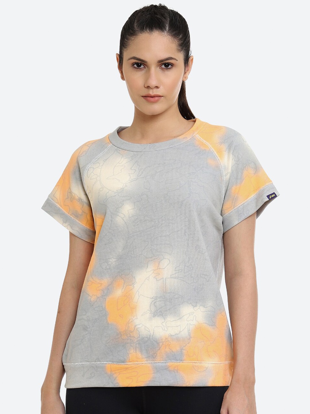 

ASICS Women Grey & Orange FT TIE DYE AOP SS Walking T-shirt