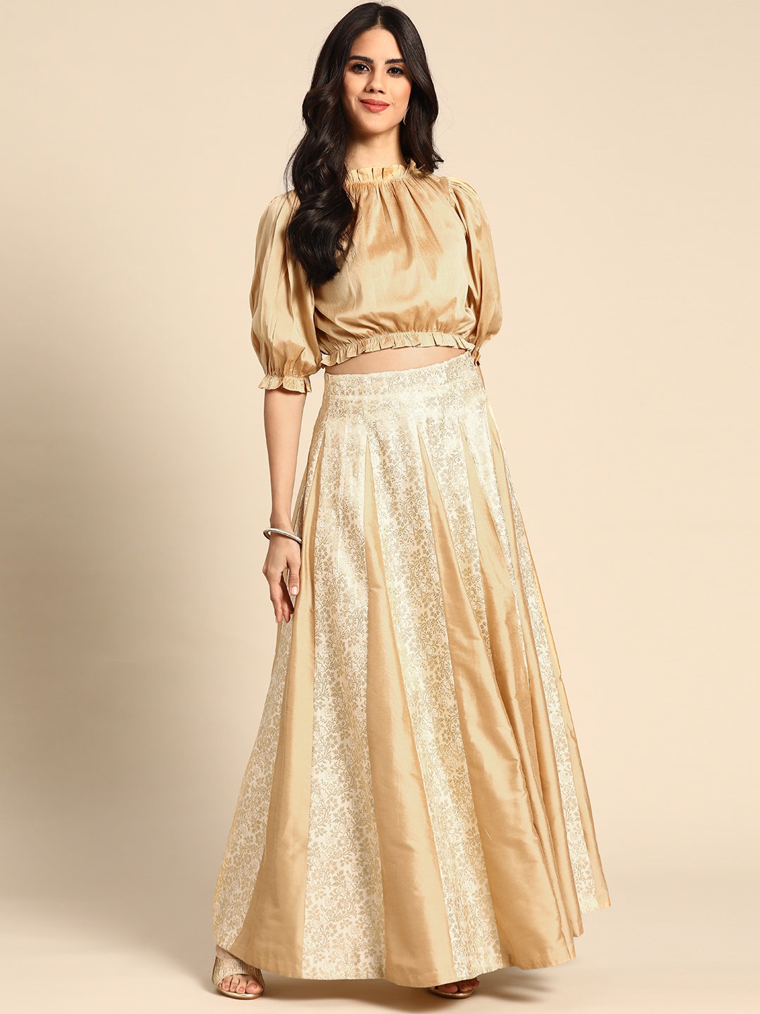 

anayna Cream-Coloured & Golden Self Design Ready to Wear Lehenga Choli