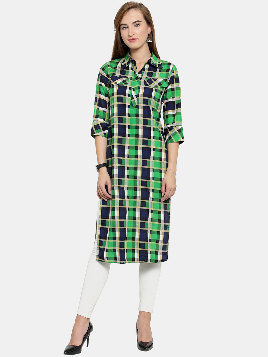 

Enchanted Drapes Women Green Checked Crepe Pathani Kurta