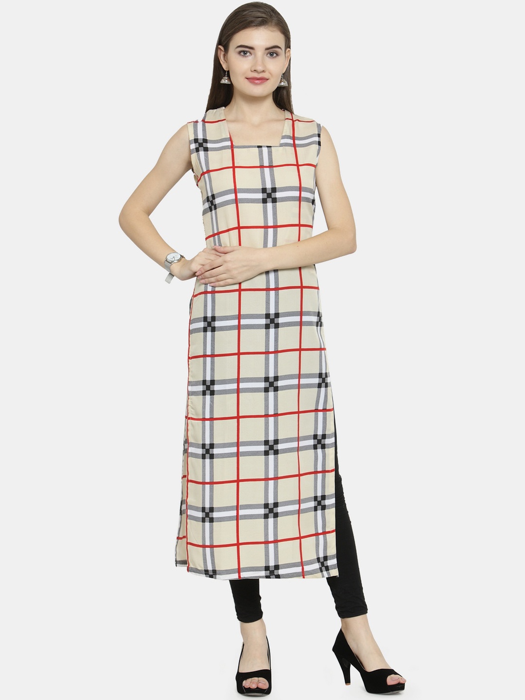 

Enchanted Drapes Women Beige & Red Checked Pure Crepe Kurta