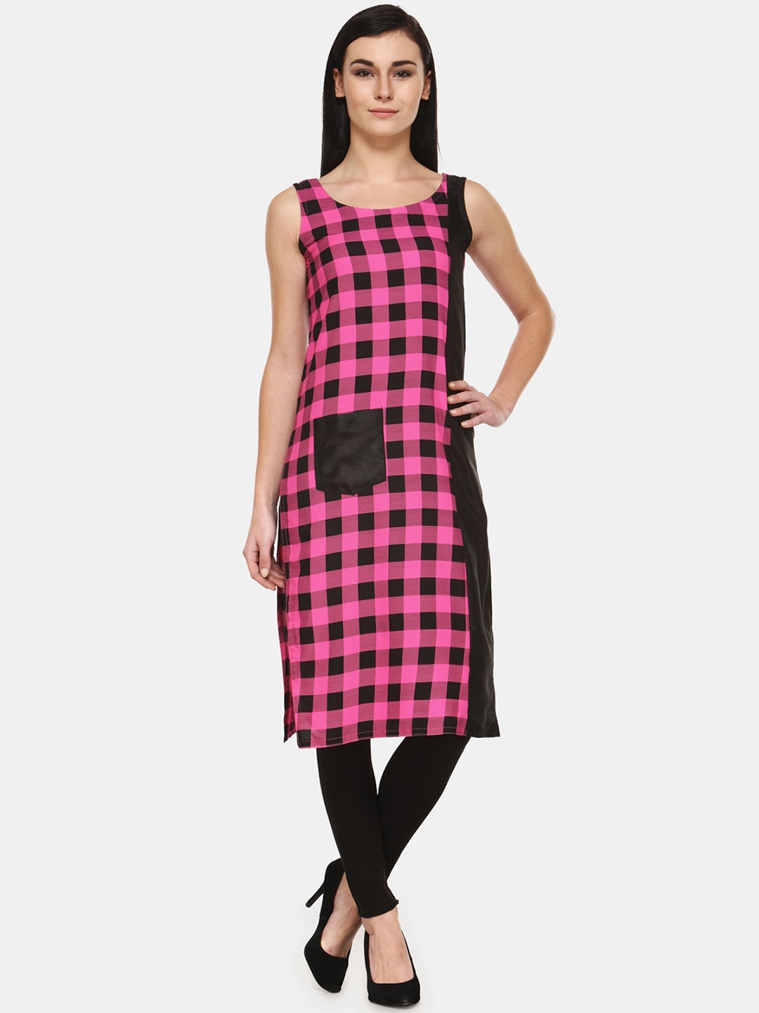 

Enchanted Drapes Women Pink & Black Checked Crepe Kurta