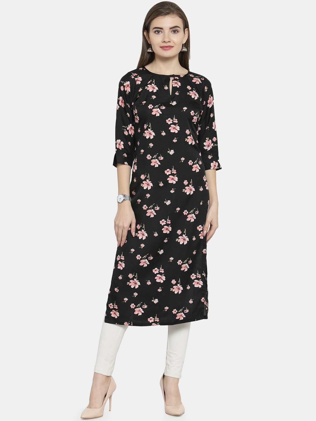 

Enchanted Drapes Women Black & Peach-Coloured Floral Printed Keyhole Neck Crepe Kurta