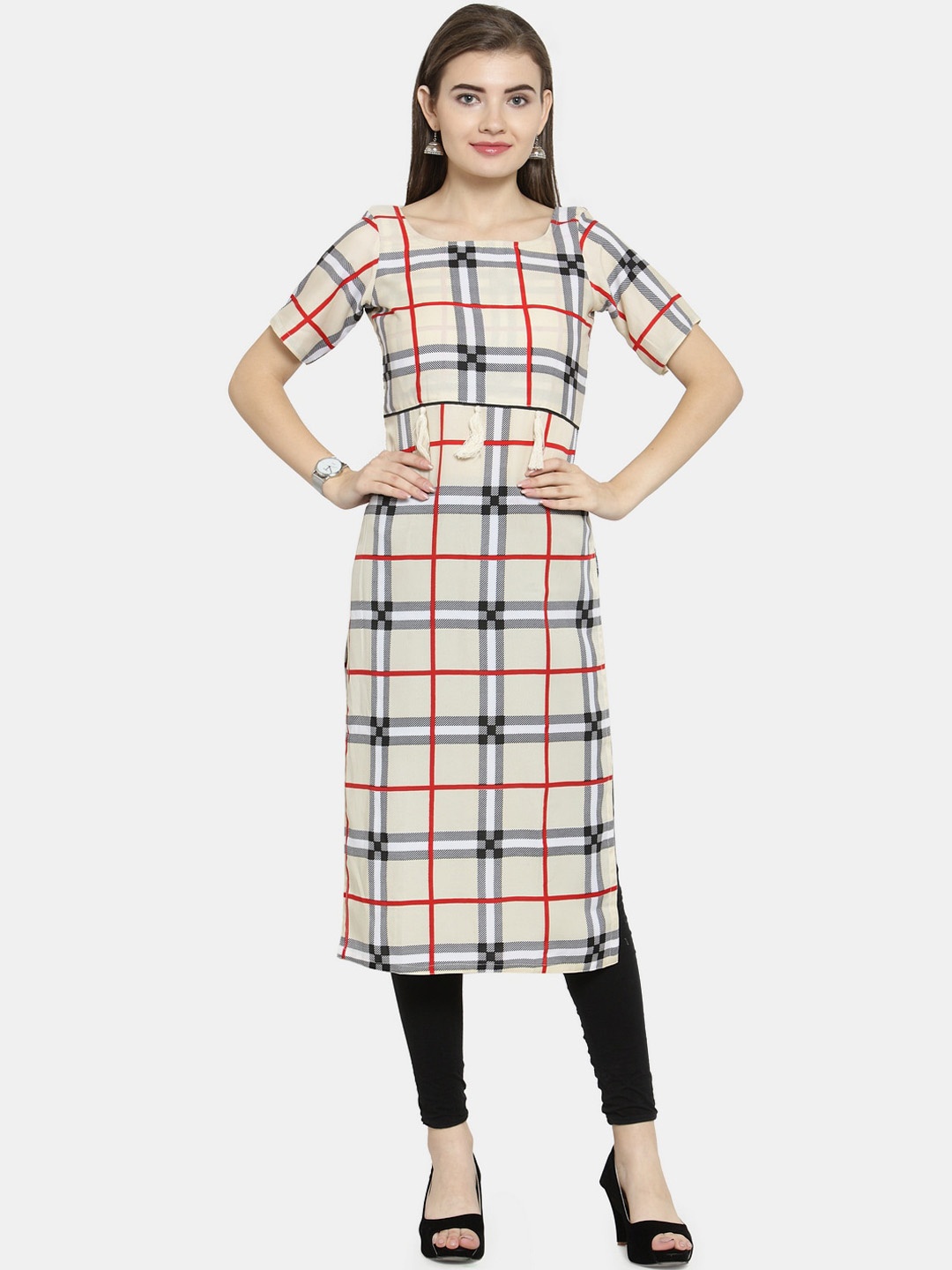 

Enchanted Drapes Women Beige & Red Checked Crepe Kurta